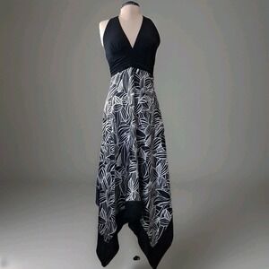 Womens Midi Dress Sz M Abstract Y2K Halter Top Satin Handkerchief Hem Skirt Read